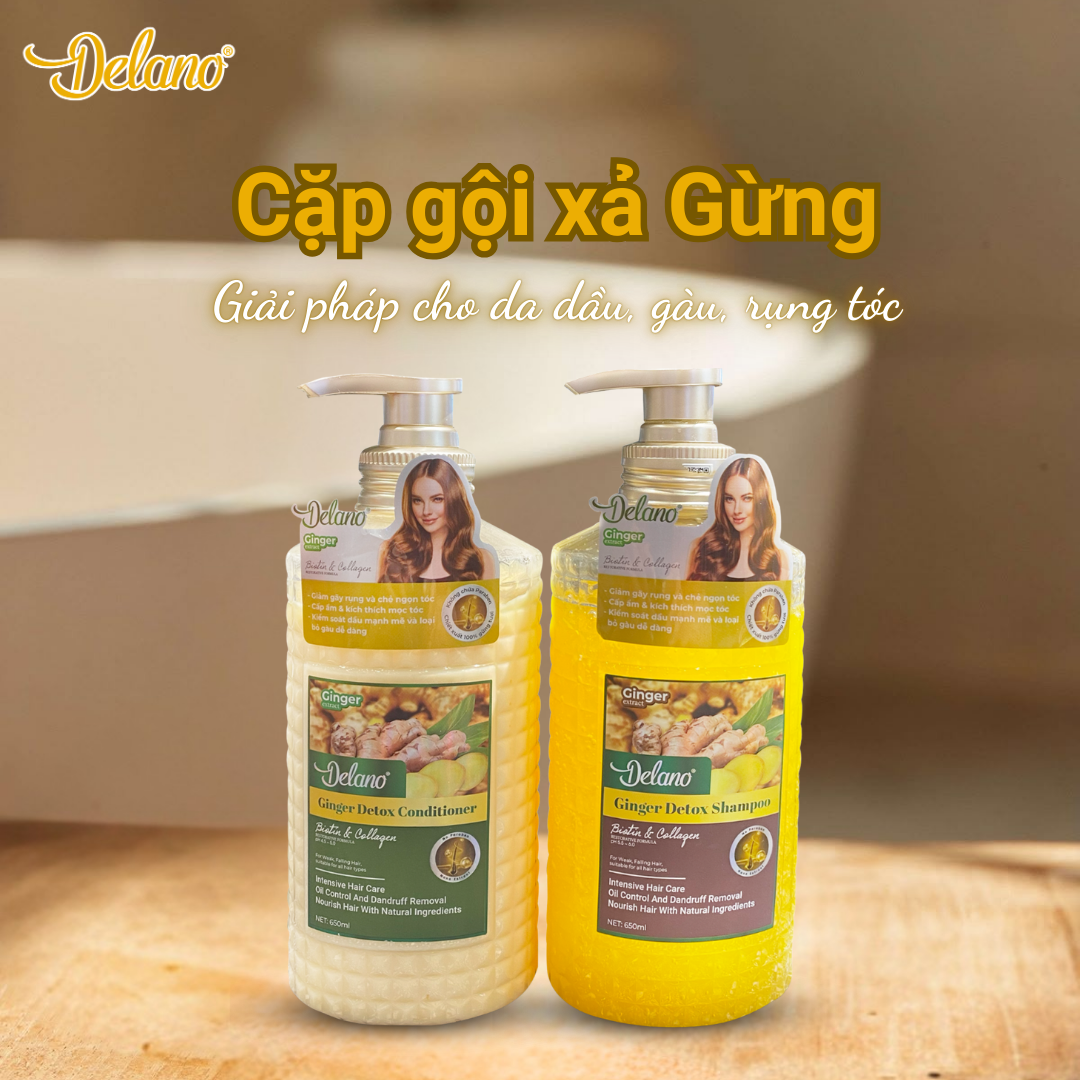 Cặp Gội Xả Gừng Tươi Delano 650ML, Dầu Gội Ginger Gừng 100% Giảm Gãy Rụng, Kiềm Dầu và Loại Bỏ Gàu