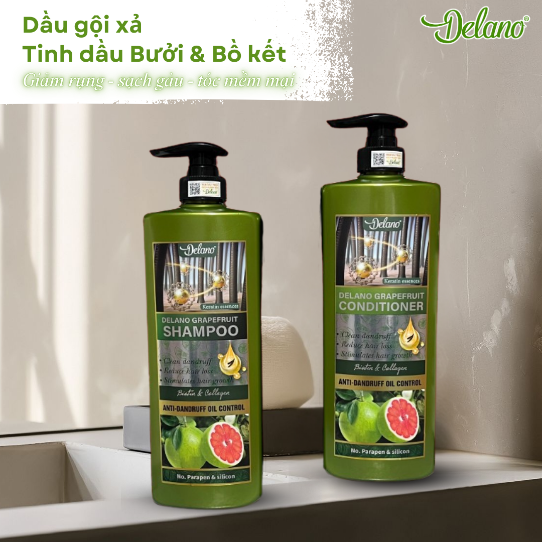 Cặp Gội Xả Bưởi và Tinh Chất Bồ Kết Delano 650ML Giảm Rụng, Phục Hồi Tóc Hư Tổn, Dưỡng Mềm Mượt
