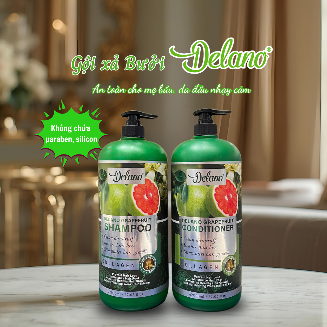Cặp Gội Xả Biotin Collagen Bưởi Delano 2000ML Giảm Rụng Tóc,Kích Thích Mọc Tóc, Dầu Gội Mềm Mượt Tóc