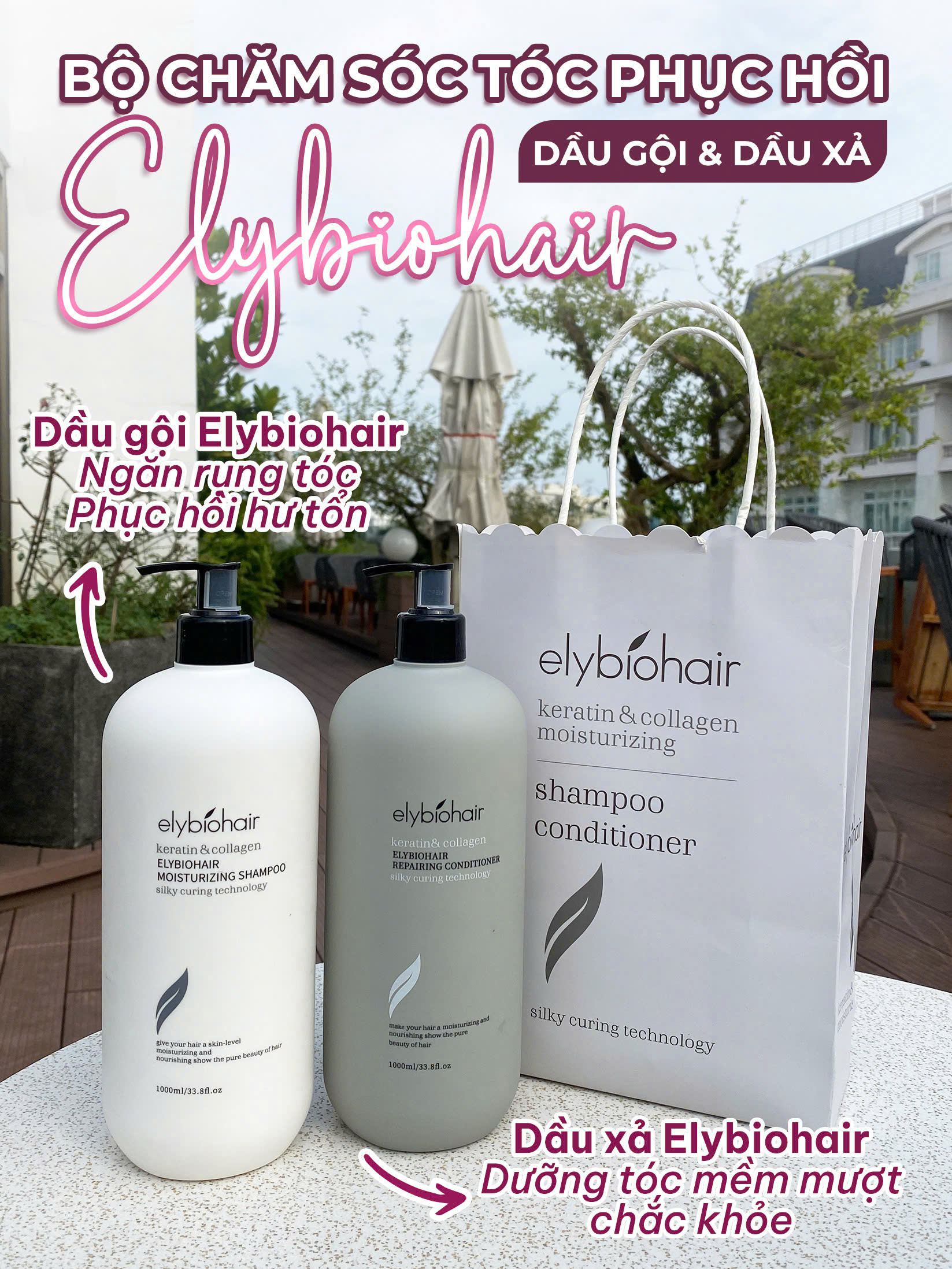 Cặp Gội- xả Visi ELYBIOHAIR Collagen, Dầu gội cho tóc nhuộm, phục hồi tóc hư tổn, ngăn ngừa rụng tóc