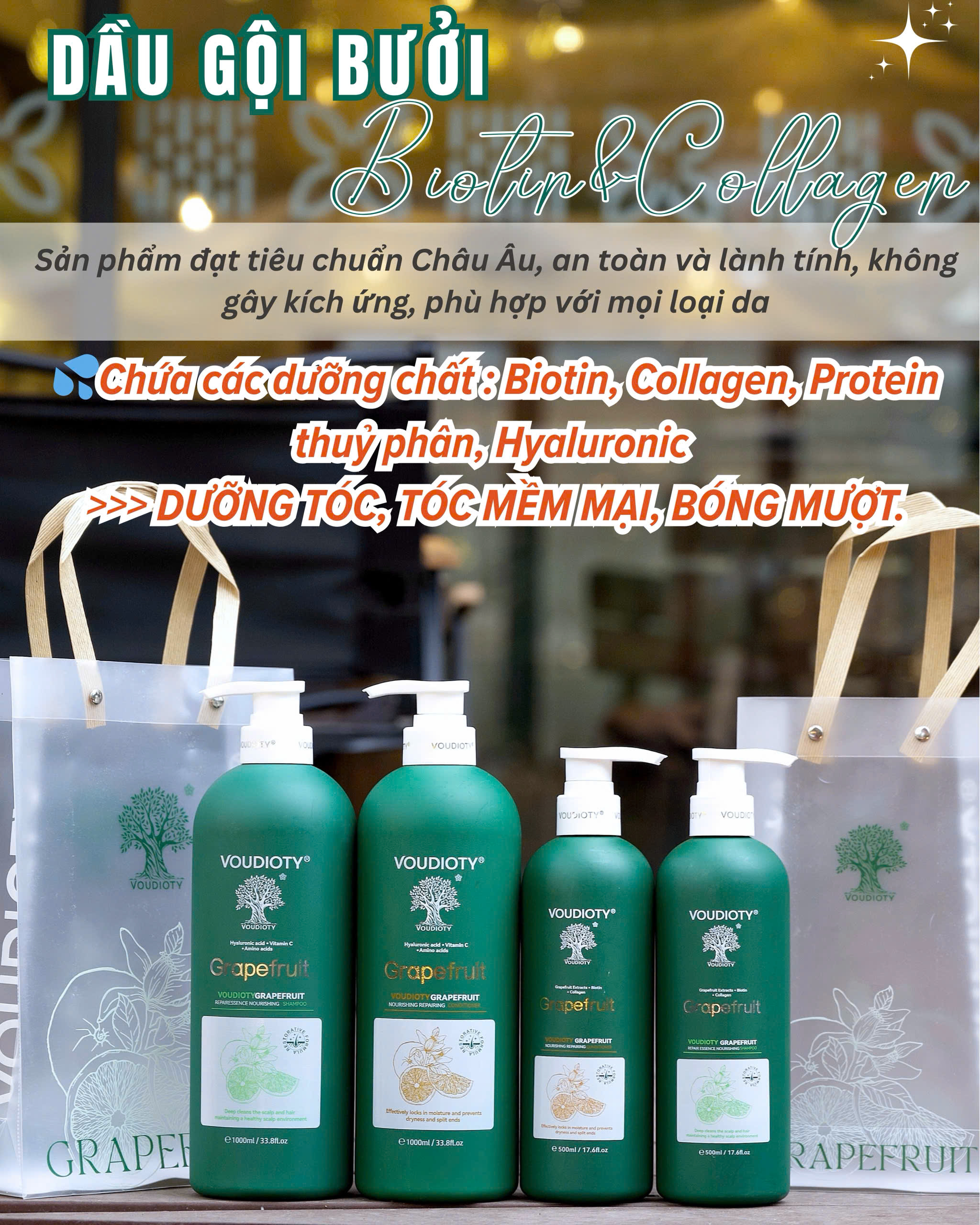 Cặp Gội Xả Biotin Voudioty Bưởi Grapfruit Làm Mềm Mượt Tóc,Dầu Gội Giảm Rụng, Kích Thích Mọc Tóc